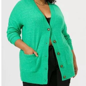 Torrid Vegan Cashmere Boyfriend Cardigan V-Neck Sweater in Deep Mint- Size 3